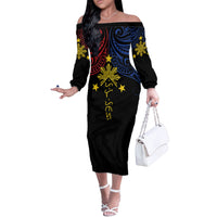 Philippines Heritage Personalized Off The Shoulder Long Sleeve Dress Baybayin Philipinas Sun LT7 Women Black - Polynesian Pride