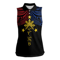 Philippines Heritage Personalized Women Sleeveless Polo Shirt Baybayin Philipinas Sun LT7 Female Black - Polynesian Pride