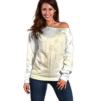 Samoa Lotu Tamaiti Mamanu Siapo Off Shoulder Sweater Golden Plumeria - Polynesian Pride