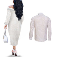 Samoa Lotu Tamaiti Ivory Couples Matching Off The Shoulder Long Sleeve Dress and Long Sleeve Button Shirt Teuila Tatau LT7 - Polynesian Pride