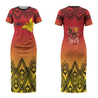 Papua New Guinea 1975 To The Future Personalised Family Matching Short Sleeve Bodycon Dress and Hawaiian Shirt Sepik Masks LT7 Mom's Dress Red - Polynesian Pride