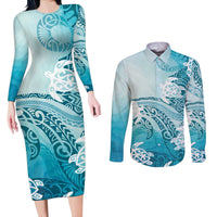 Polynesia Turtle Couples Matching Long Sleeve Bodycon Dress and Long Sleeve Button Shirt Watercolor Abstract Style LT7 Blue - Polynesian Pride