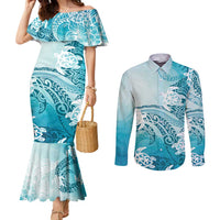 Polynesia Turtle Couples Matching Mermaid Dress and Long Sleeve Button Shirt Watercolor Abstract Style LT7 Blue - Polynesian Pride
