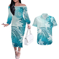 Polynesia Turtle Couples Matching Off The Shoulder Long Sleeve Dress and Hawaiian Shirt Watercolor Abstract Style LT7 Blue - Polynesian Pride