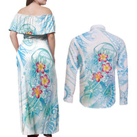 Sea Blue Polynesian Jellyfish Couples Matching Off Shoulder Maxi Dress and Long Sleeve Button Shirt Watercolor Glows LT7 - Polynesian Pride