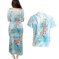 Sea Blue Polynesian Jellyfish Couples Matching Puletasi and Hawaiian Shirt Watercolor Glows LT7 - Polynesian Pride