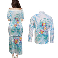 Sea Blue Polynesian Jellyfish Couples Matching Puletasi and Long Sleeve Button Shirt Watercolor Glows LT7 - Polynesian Pride