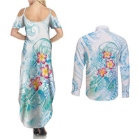 Sea Blue Polynesian Jellyfish Couples Matching Summer Maxi Dress and Long Sleeve Button Shirt Watercolor Glows LT7 - Polynesian Pride
