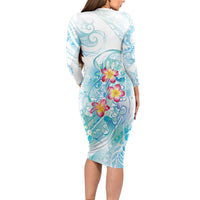 Sea Blue Polynesian Jellyfish Family Matching Long Sleeve Bodycon Dress and Hawaiian Shirt Watercolor Glows - Polynesian Pride