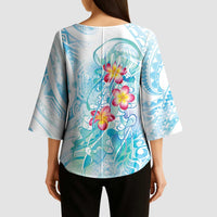 Sea Blue Polynesian Jellyfish Kimono Sleeve Blouse Watercolor Glows LT7 - Polynesian Pride
