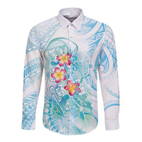 Sea Blue Polynesian Jellyfish Long Sleeve Button Shirt Watercolor Glows LT7 Unisex Light Blue - Polynesian Pride