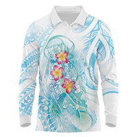 Sea Blue Polynesian Jellyfish Long Sleeve Polo Shirt Watercolor Glows LT7 Light Blue - Polynesian Pride