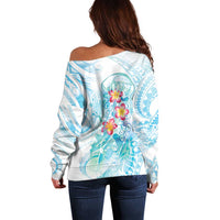 Sea Blue Polynesian Jellyfish Off Shoulder Sweater Watercolor Glows - Polynesian Pride