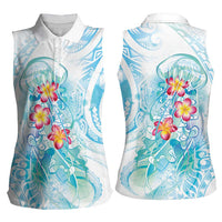 Sea Blue Polynesian Jellyfish Women Sleeveless Polo Shirt Watercolor Glows LT7 - Polynesian Pride