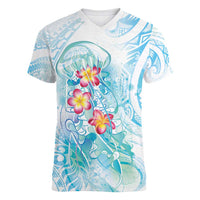 Sea Blue Polynesian Jellyfish Women V-Neck T-Shirt Watercolor Glows - Polynesian Pride