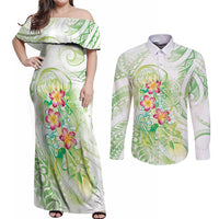 Summer Green Polynesian Jellyfish Couples Matching Off Shoulder Maxi Dress and Long Sleeve Button Shirt Watercolor Glows LT7 Light Green - Polynesian Pride