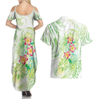 Summer Green Polynesian Jellyfish Couples Matching Summer Maxi Dress and Hawaiian Shirt Watercolor Glows - Polynesian Pride