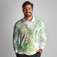 Summer Green Polynesian Jellyfish Long Sleeve Polo Shirt Watercolor Glows LT7 - Polynesian Pride