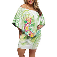 Summer Green Polynesian Jellyfish Off Shoulder Short Dress Watercolor Glows - Polynesian Pride