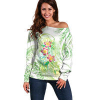 Summer Green Polynesian Jellyfish Off Shoulder Sweater Watercolor Glows - Polynesian Pride