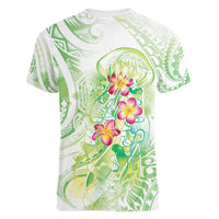 Summer Green Polynesian Jellyfish Women V-Neck T-Shirt Watercolor Glows - Polynesian Pride