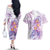 Lavender Polynesian Jellyfish Couples Matching Off The Shoulder Long Sleeve Dress and Hawaiian Shirt Watercolor Glows - Polynesian Pride