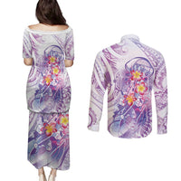 Lavender Polynesian Jellyfish Couples Matching Puletasi and Long Sleeve Button Shirt Watercolor Glows LT7 - Polynesian Pride