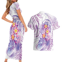 Lavender Polynesian Jellyfish Couples Matching Short Sleeve Bodycon Dress and Hawaiian Shirt Watercolor Glows - Polynesian Pride