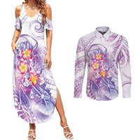 Lavender Polynesian Jellyfish Couples Matching Summer Maxi Dress and Long Sleeve Button Shirt Watercolor Glows LT7 Lavender - Polynesian Pride