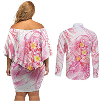 Rose Pink Polynesian Jellyfish Couples Matching Off Shoulder Short Dress and Long Sleeve Button Shirt Watercolor Glows LT7 - Polynesian Pride