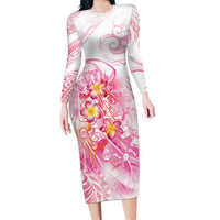 Rose Pink Polynesian Jellyfish Long Sleeve Bodycon Dress Watercolor Glows LT7 Long Dress Rose Pink - Polynesian Pride
