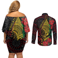 Vanuatu Meri Krismas Couples Matching Off Shoulder Short Dress and Long Sleeve Button Shirt Conch Shell Tribal Art LT7 - Polynesian Pride