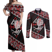 Taniko Aotearoa Couples Matching Off Shoulder Maxi Dress and Long Sleeve Button Shirt Poutama Mix Piwakawaka LT7 Red - Polynesian Pride