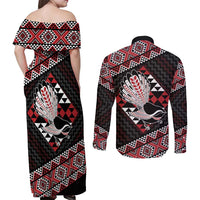 Taniko Aotearoa Couples Matching Off Shoulder Maxi Dress and Long Sleeve Button Shirt Poutama Mix Piwakawaka LT7 - Polynesian Pride