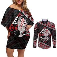 Taniko Aotearoa Couples Matching Off Shoulder Short Dress and Long Sleeve Button Shirt Poutama Mix Piwakawaka LT7 Red - Polynesian Pride