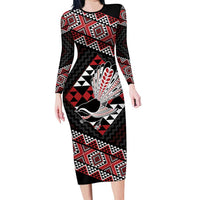 Taniko Aotearoa Long Sleeve Bodycon Dress Poutama Mix Piwakawaka LT7 Long Dress Red - Polynesian Pride