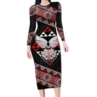 Taniko Aotearoa Long Sleeve Bodycon Dress Poutama Mix Piwakawaka - Ver02 LT7 Long Dress Red - Polynesian Pride