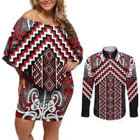 Maori Tukutuku Taniko Motifs Couples Matching Off Shoulder Short Dress and Long Sleeve Button Shirt Red Poutama Mix Kowhaiwhai