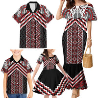 Maori Tukutuku Taniko Motifs Family Matching Mermaid Dress and Hawaiian Shirt Red Poutama Mix Kowhaiwhai