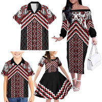 Maori Tukutuku Taniko Motifs Family Matching Off The Shoulder Long Sleeve Dress and Hawaiian Shirt Red Poutama Mix Kowhaiwhai