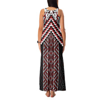 Maori Tukutuku Taniko Motifs Family Matching Tank Maxi Dress and Hawaiian Shirt Red Poutama Mix Kowhaiwhai