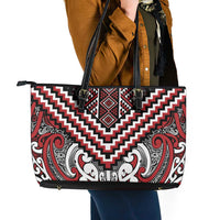 Maori Tukutuku Taniko Motifs Leather Tote Bag Red Poutama Mix Kowhaiwhai