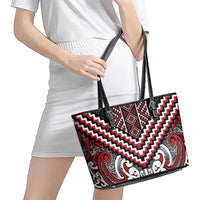 Maori Tukutuku Taniko Motifs Leather Tote Bag Red Poutama Mix Kowhaiwhai