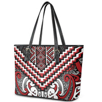 Maori Tukutuku Taniko Motifs Leather Tote Bag Red Poutama Mix Kowhaiwhai