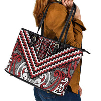 Maori Tukutuku Taniko Motifs Leather Tote Bag Red Poutama Mix Kowhaiwhai