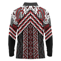 Maori Tukutuku Taniko Motifs Long Sleeve Polo Shirt Red Poutama Mix Kowhaiwhai