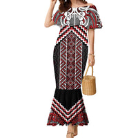 Maori Tukutuku Taniko Motifs Mermaid Dress Red Poutama Mix Kowhaiwhai