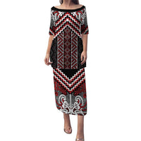 Maori Tukutuku Taniko Motifs Puletasi Red Poutama Mix Kowhaiwhai LT7 Long Dress Red - Polynesian Pride