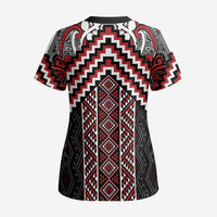 Maori Tukutuku Taniko Motifs Scrub Top Red Poutama Mix Kowhaiwhai LT7 - Polynesian Pride