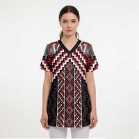 Maori Tukutuku Taniko Motifs Scrub Top Red Poutama Mix Kowhaiwhai LT7 - Polynesian Pride